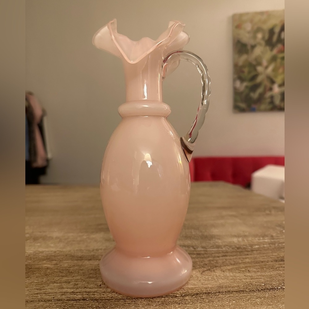 Rose Pink Ruffled Edge Pitcher Vase With Handle - Picture 2 of 8
